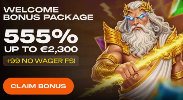 Welcome Bonus Package: 555% up to €2,300, +99 no wager free spins
